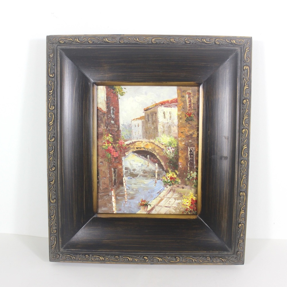 Vintage European Village Scene Oil Painting, Small Original Art Large Gold Wash